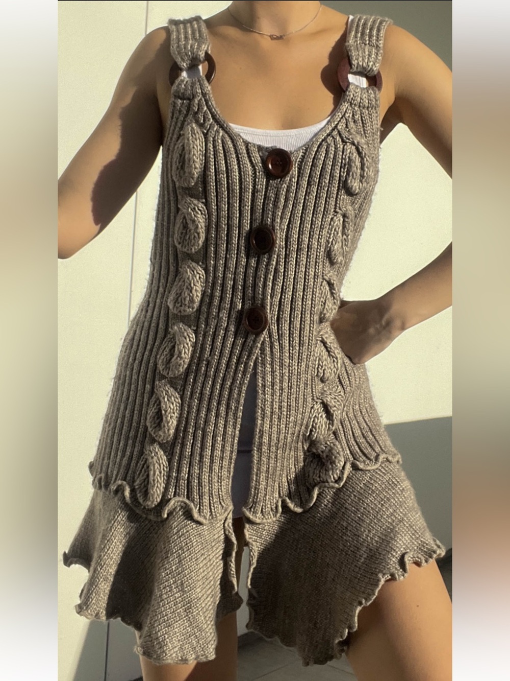 Knit Button-Front Tank Dress in Taupe 45% Wool Size M/L